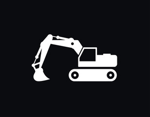 A white silhouette icon of a construction excavator on a black background.