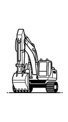 A black and white line art illustration of a heavy construction excavator isolated on a plain background.