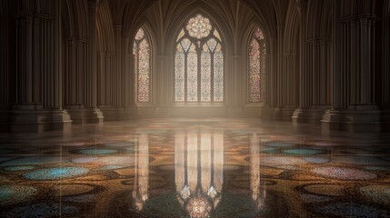 A cathedral with a large stained glass window and reflections on the floor. Tall columns, morning light, mirrored mosaic highlights, central perspective.