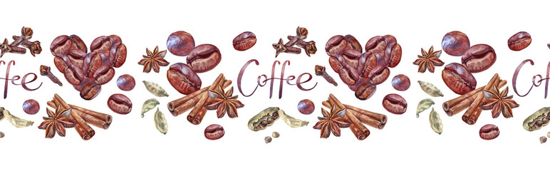 Watercolor seamless border with coffee bean and cinnamon and badian on white background. Fragrance condiment and lettering for cooking dessert or drink. Christmas food. Cookbook and wallpaper rim