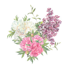 Watercolor bouquet with pink and white milk peony and lilac bush isolated on white background. Floral plant with leaves. Spring flower. Clipart for wedding invite celebration card. Wallpaper wrapping
