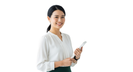 Asian woman in white blouse and green skirt holding tablet on black background business female isolated on a transparent background