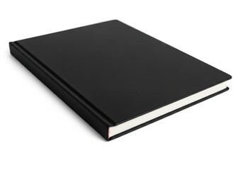 Plain black hardcover book rests diagonally on a white background