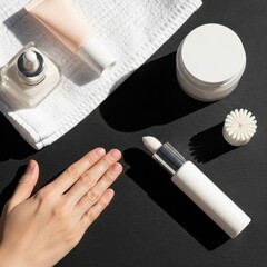 Skincare Products on Black Surface with Hand and White Towel in Bright Lighting