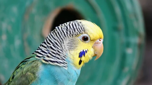 Close-up of a vibrant blue and yellow budgerigar parakeet looking around with curious and bright eyes.