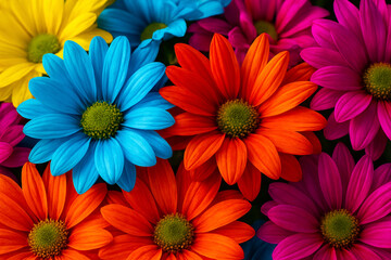 AI generated colorful daisy flowers in closeup with dense multicolor petals soft depth green backdrop expressing joy celebration energy and natural beauty