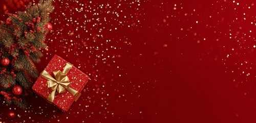 Festive Red Background with Christmas Tree and Decorative Gift, Capturing the Joy and Spirit of the Holiday Season