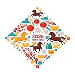 Fototapeta premium Celebrate Lunar New Year 2026, the Year of the Horse, with this vibrant illustration featuring dynamic horses, red lanterns, plum blossoms, and auspicious symbols.
