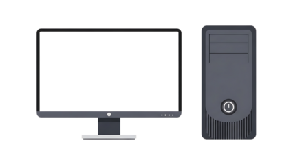 Desktop Computer and Tower Unit with Black Screen and Power Button isolated background isolated on a transparent background
