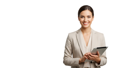 Confident Businesswoman Holding Tablet and Smiling on White Background people isolated on a transparent background