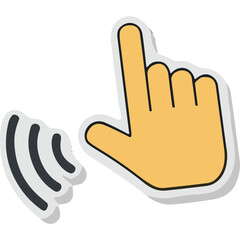 Obraz premium Illustration of a yellow cartoon hand cursor pointing upwards with motion lines beside it on a black background symbolizing a click action or selection in digital interface