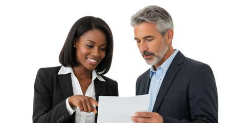 Diverse Business Colleagues Reviewing Document Together in Office Setting people discussion isolated on a transparent background