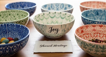 Decorative ceramic bowls with the word Joy and Shared Heritage inscription on a wooden table