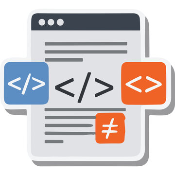 Illustration of Computer Code and Symbols on a Document with Various Tags and Operators Representing Software Development and Programming Concepts
