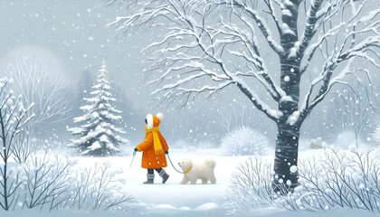 Serene Heavy Snowy Winter Landscape Scene with Heavy Snow on the Ground & Covering the Bare Branches of the Trees Depicting Person Wearing Orange Coat Yellow Scarf Dog Walking XMAS Greeting Post Card