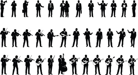 Business and music silhouette collection of professional men performing leadership, teamwork, public speaking, and orchestral concert roles in corporate style © Arman