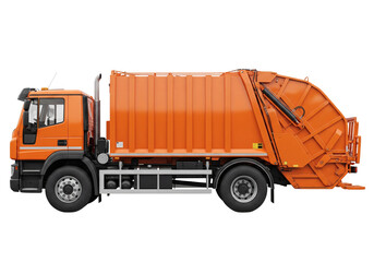 Fototapeta premium A side view of a vibrant orange garbage truck, isolated on a clean background. The truck is empty, ready for its next collection route