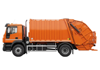 A side view of a vibrant orange garbage truck, isolated on a clean background. The truck is empty, ready for its next collection route