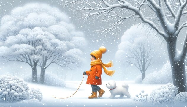 Serene Heavy Snowy Winter Landscape Scene with Heavy Snow on the Ground & Covering the Bare Branches of the Trees Depicting Person Wearing Orange Coat Yellow Scarf Dog Walking XMAS Greeting Post Card - Powered by Adobe