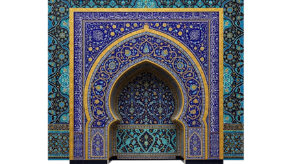 Ornate blue and gold Islamic archway with intricate tilework and calligraphy Keywords: islamic, architecture, arch, doorway, entrance, mosaic, tile isolated on a transparent background