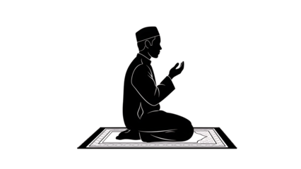 Outline illustration of Muslim man praying on prayer mat on black background Islamic religion isolated on a transparent background
