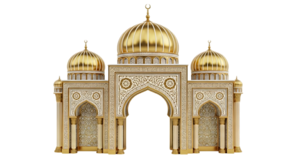Ornate Golden Islamic Archway with Domes and Intricate Patterns on Black Background mosque isolated on a transparent background