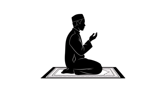 Outline illustration of Muslim man praying on prayer mat on black background Islamic religion isolated on a transparent background - Powered by Adobe