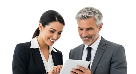 Smiling Businesswoman and Businessman Looking at Tablet Together people technology isolated on a transparent background