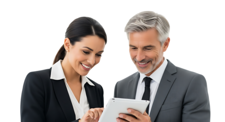 Smiling Businesswoman and Businessman Looking at Tablet Together people technology isolated on a transparent background
