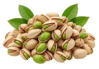 A close-up shot of a pile of delicious pistachios, with green leaves