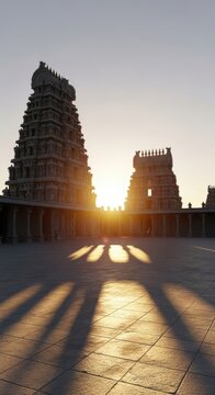 Brihadeeswarar temple in thanjavur, india, with sun shining between towers and casting shadows.