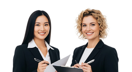Two smiling women in business suits holding papers and pens, ready to write people writing isolated on a transparent background