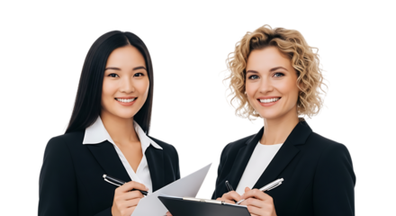 Two smiling women in business suits holding papers and pens, ready to write people writing isolated on a transparent background