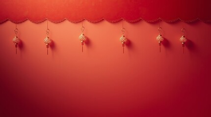 Traditional chinese lanterns hang from a scalloped red border, festive decor