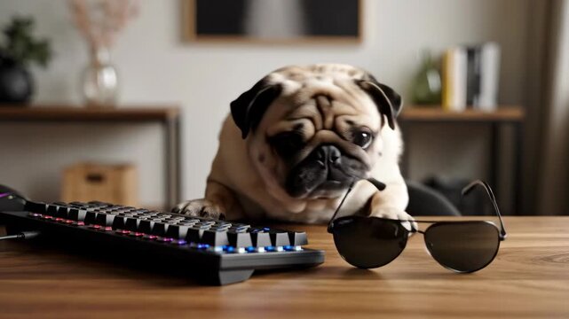 Dog Raising Paw and Adjusting Sunglasses at Desk with Keyboard