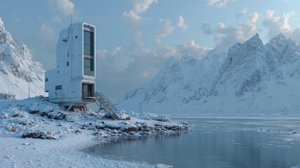 Modern arctic research station amidst snowy mountains and frozen lake, futuristic building in winter