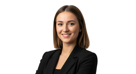Young professional woman in black blazer smiling on black background business female isolated on a transparent background