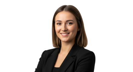 Young professional woman in black blazer smiling on black background business female isolated on a transparent background