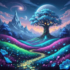 Fantasy Illuminated Tree in Colorful Dreamlike Landscape with Mountains and Night Sky