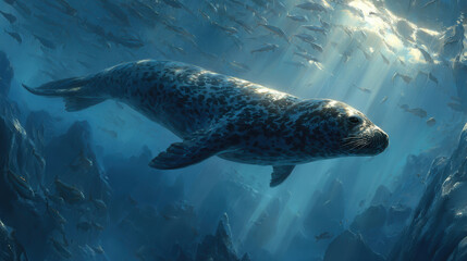 Naklejka premium Graceful seal swimming underwater surrounded by fish in sunlit ocean depths