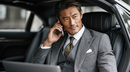 Asian businessman in gray suit talking on phone in car with laptop open, business concept