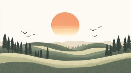 Peaceful hills, sunrise, birds, forest.  Possible use nature, landscape, background