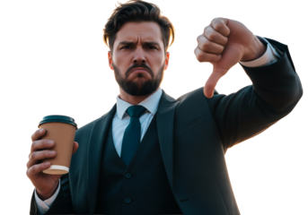 Displeased person gesturing thumbs down while holding a coffee cup
