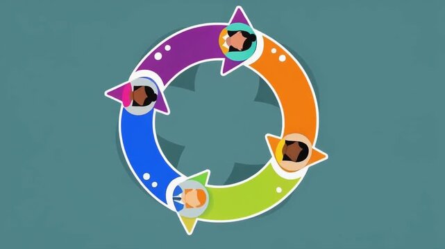 Animated circular diagram with diverse faces. Represents global teamwork, collaboration, and continuous cycles. Ideal for business, community, and process flow concepts.
