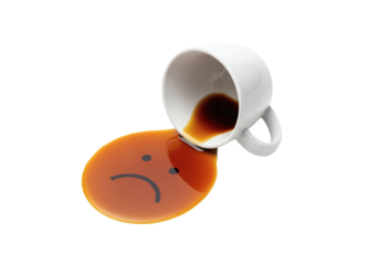 A spilled coffee cup, with a sad face drawn on the spilled liquid, symbolizing disappointment
