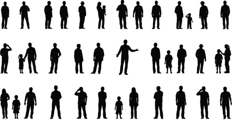 Men, women and children standing silhouettes set showing family members, individuals and casual poses with greeting, explaining and everyday lifestyle gestures