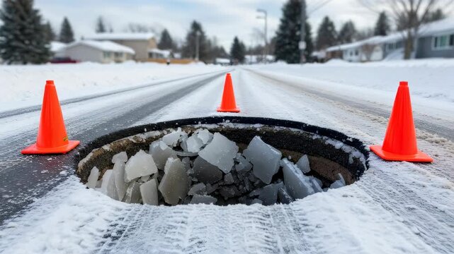 Pothole in snowy winter city street with traffic cones. Danger warning on icy road with frozen water. Urban infrastructure damage concept.