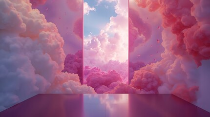 Surreal pink clouds portal leading to a bright sky with reflections 59