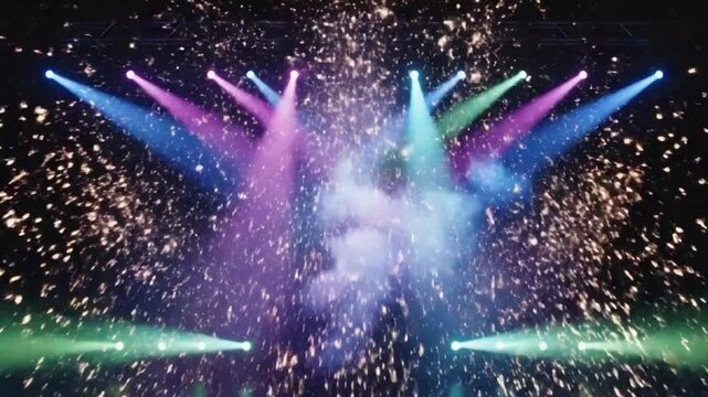 Colorful concert stage spotlights with sparkling  firework 