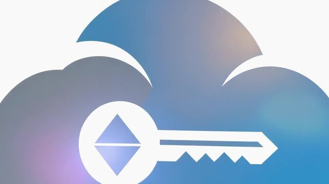 Abstract animation of a cloud-shaped logo with a key slowly zooming in, symbolizing secure digital cloud computing, data protection, and cybersecurity with modern graphic design elements.